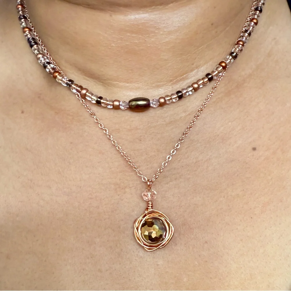 Iridescent Rose Gold Crystal Wire-Wrapped Pendant Necklace